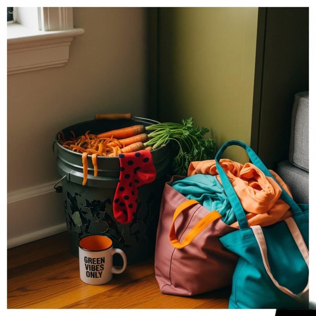 Cluttered corner with compost bin, reusable bags, chipped mug, and a dangling sock.