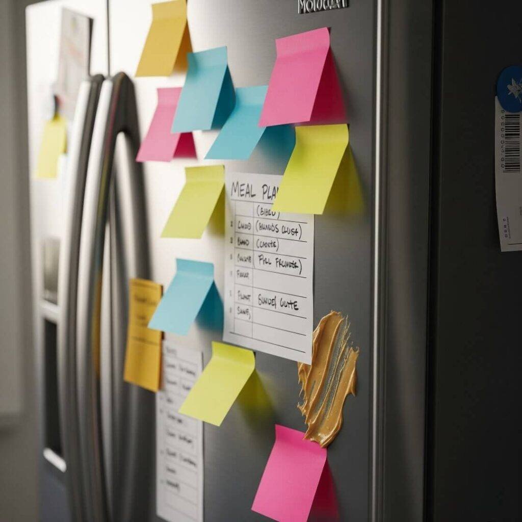 A stainless steel fridge covered in colorful sticky notes, a visible meal plan, and a peanut butter smudge.