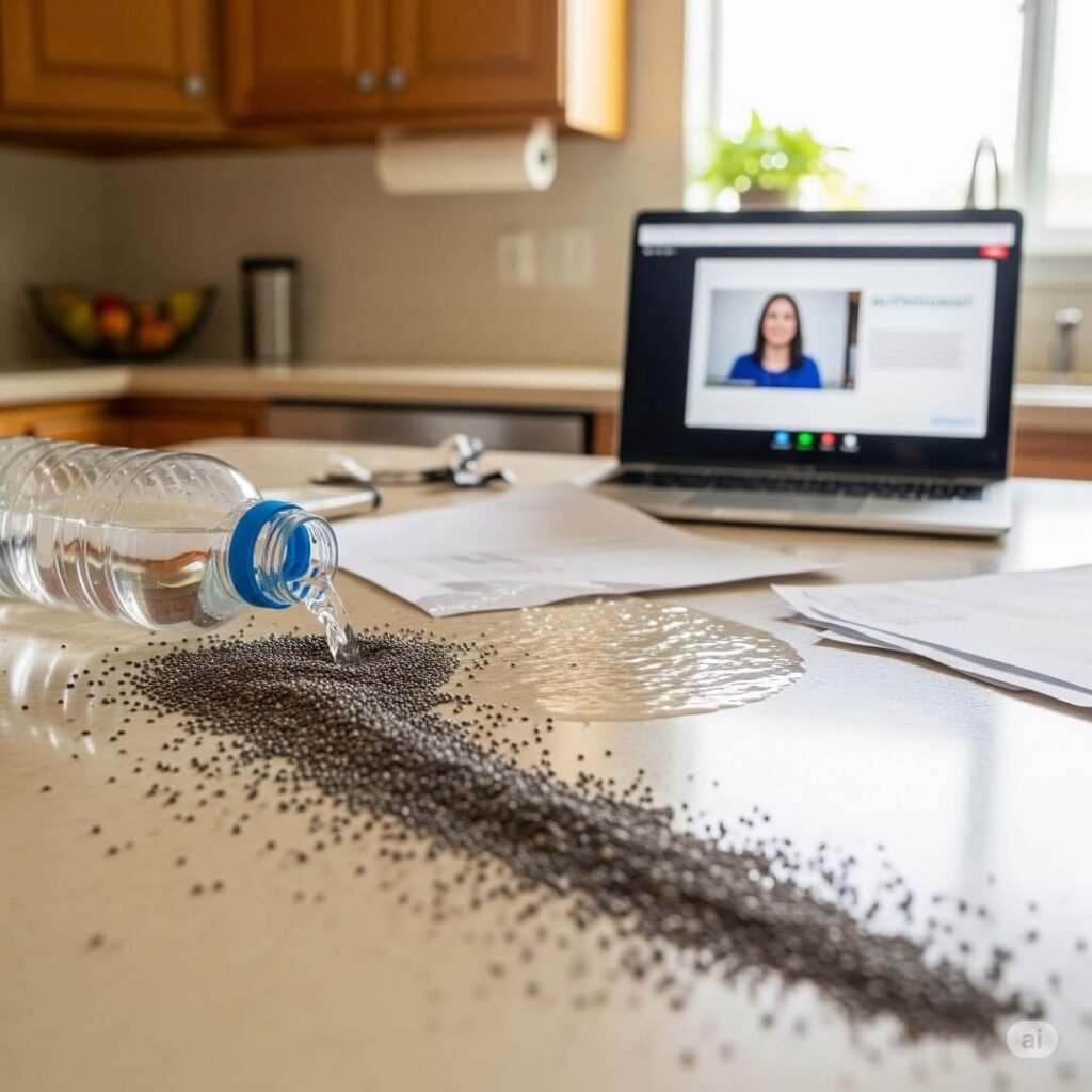 A chaotic kitchen counter with spilled chia seeds, a tipped water bottle, and a laptop showing a Zoom call.
