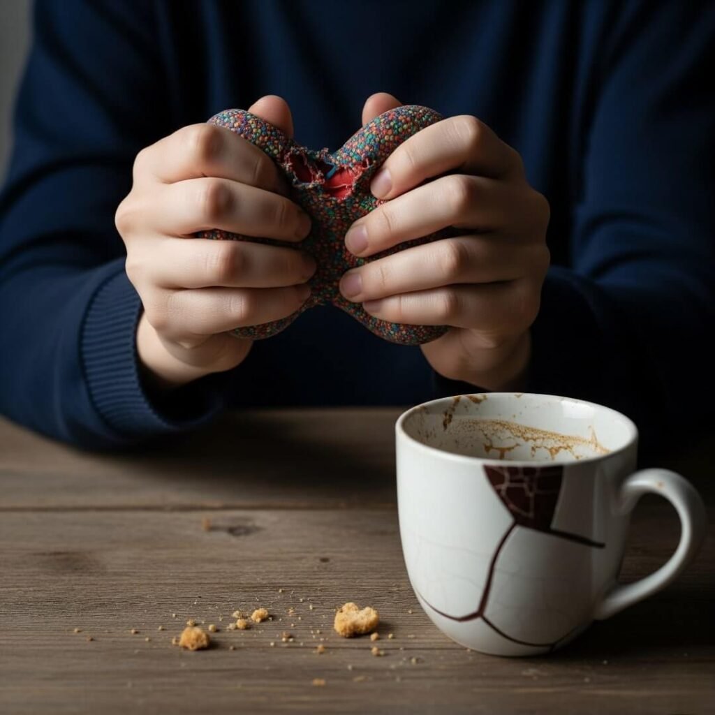 Hands holding a frayed stress ball next to a chipped mug and cookie crumbs.