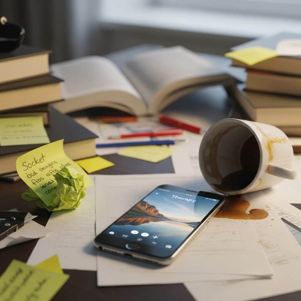 A cluttered desk with a phone open to a therapy app, a spilled coffee cup, and a crumpled Post-it.