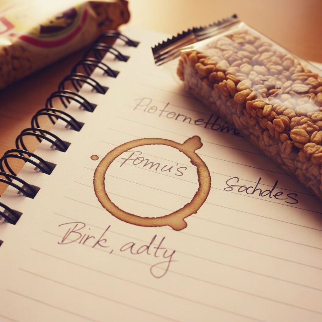 A close-up of a spiral notebook with messy handwriting, a coffee ring stain, and a crumpled granola bar wrapper.