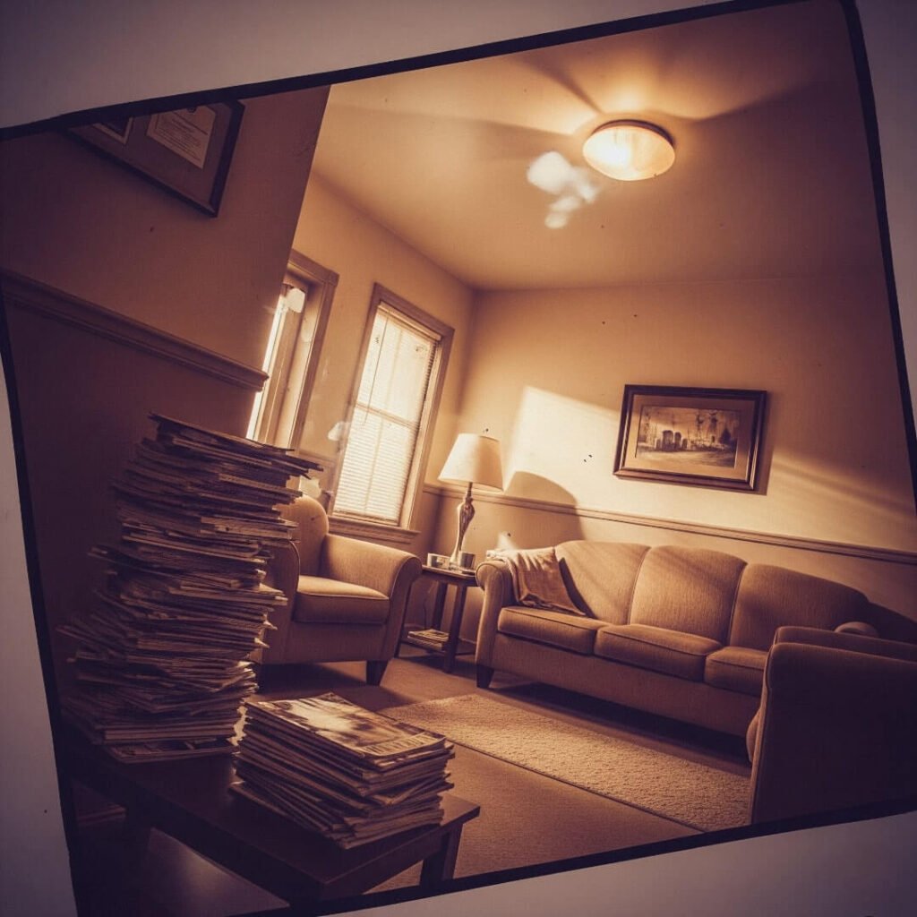 A slightly tilted, vintage-filtered view of a therapist's waiting room with a tall stack of magazines, a lumpy couch, and a flickering light.