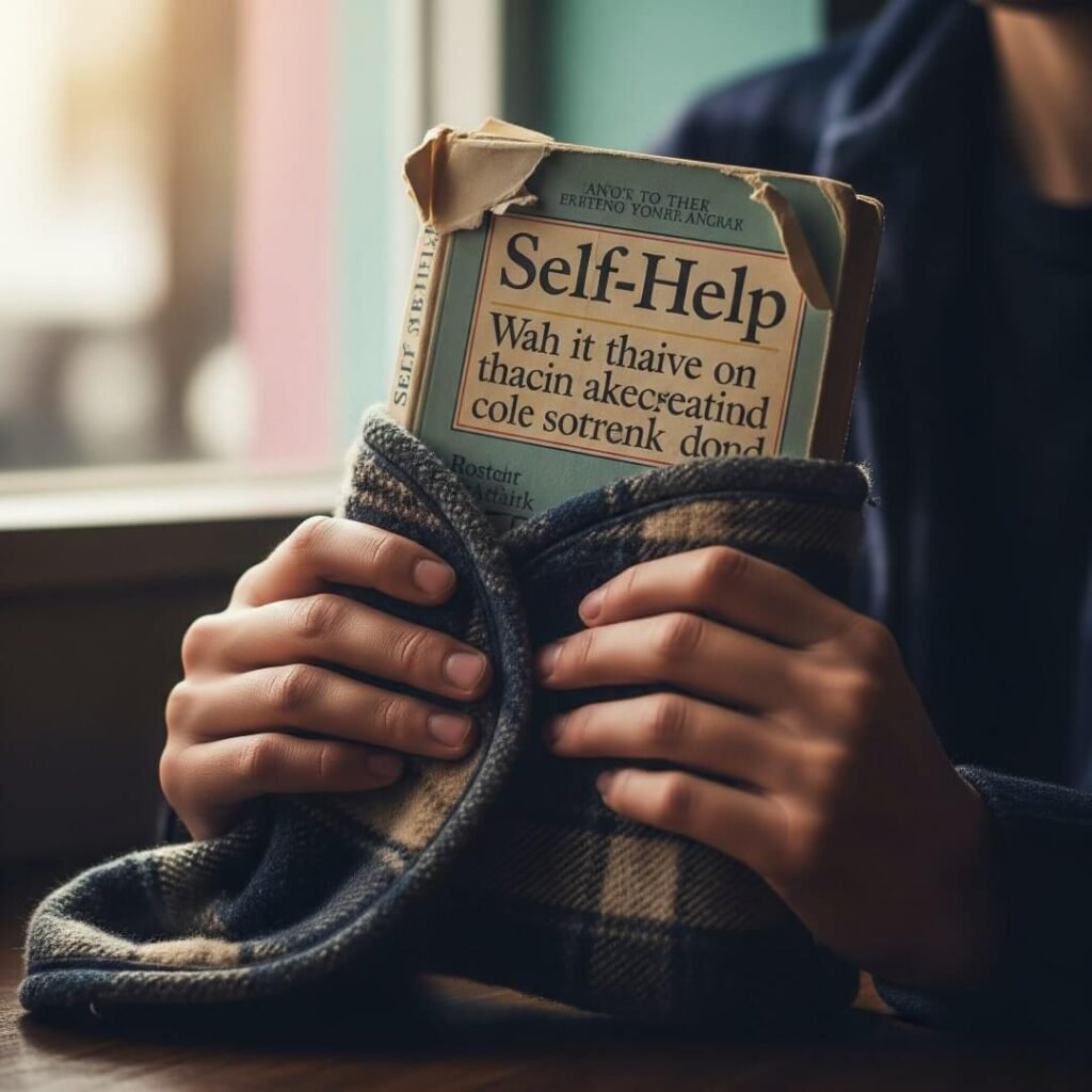 Hands in a flannel sleeve hold a beat-up "Self-Help" book in dim coffee shop light.