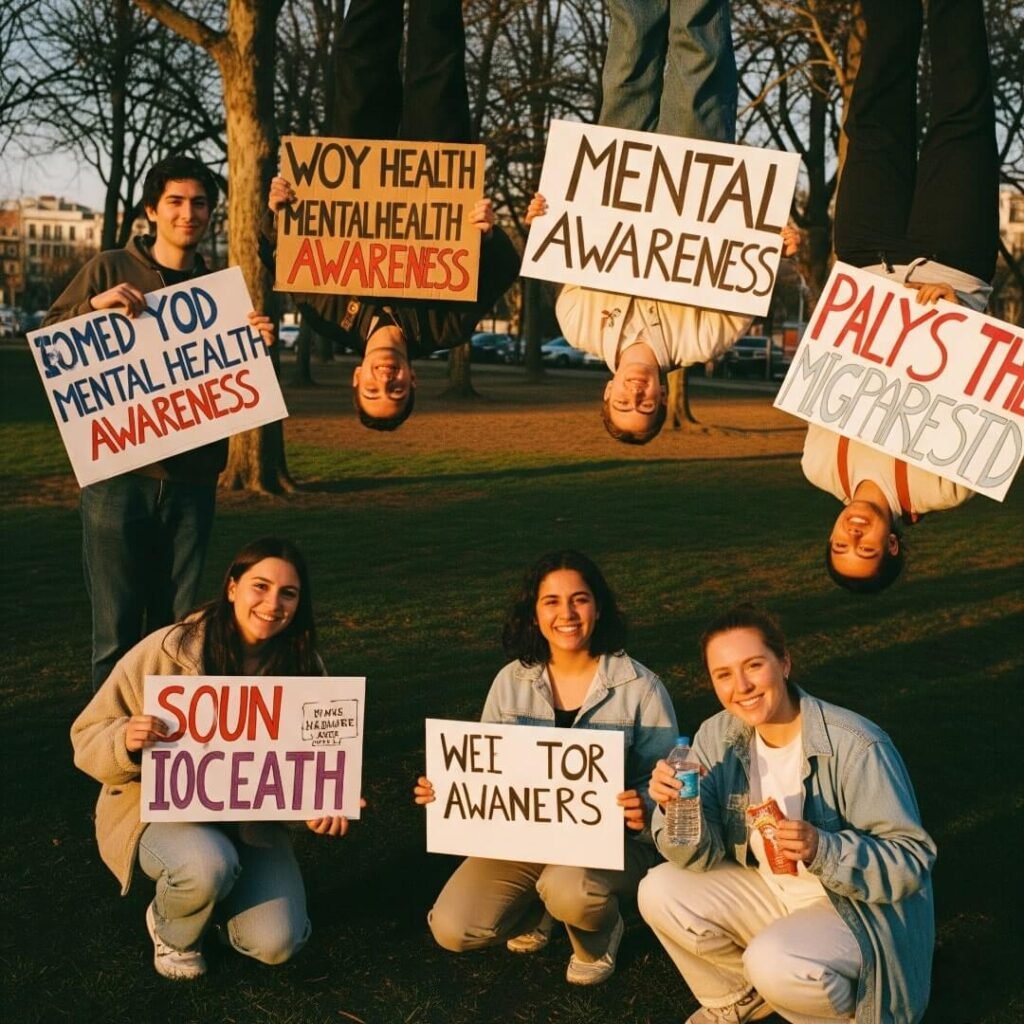 A crooked, golden-hour shot of a small park gathering where people hold handmade signs about mental health.