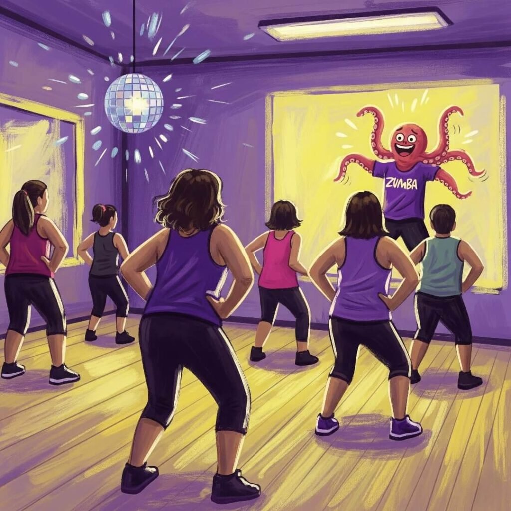 An impressionistic digital painting of a Zumba class, with a person in the back flailing like a confused octopus, in purples and yellows, with a disco ball.