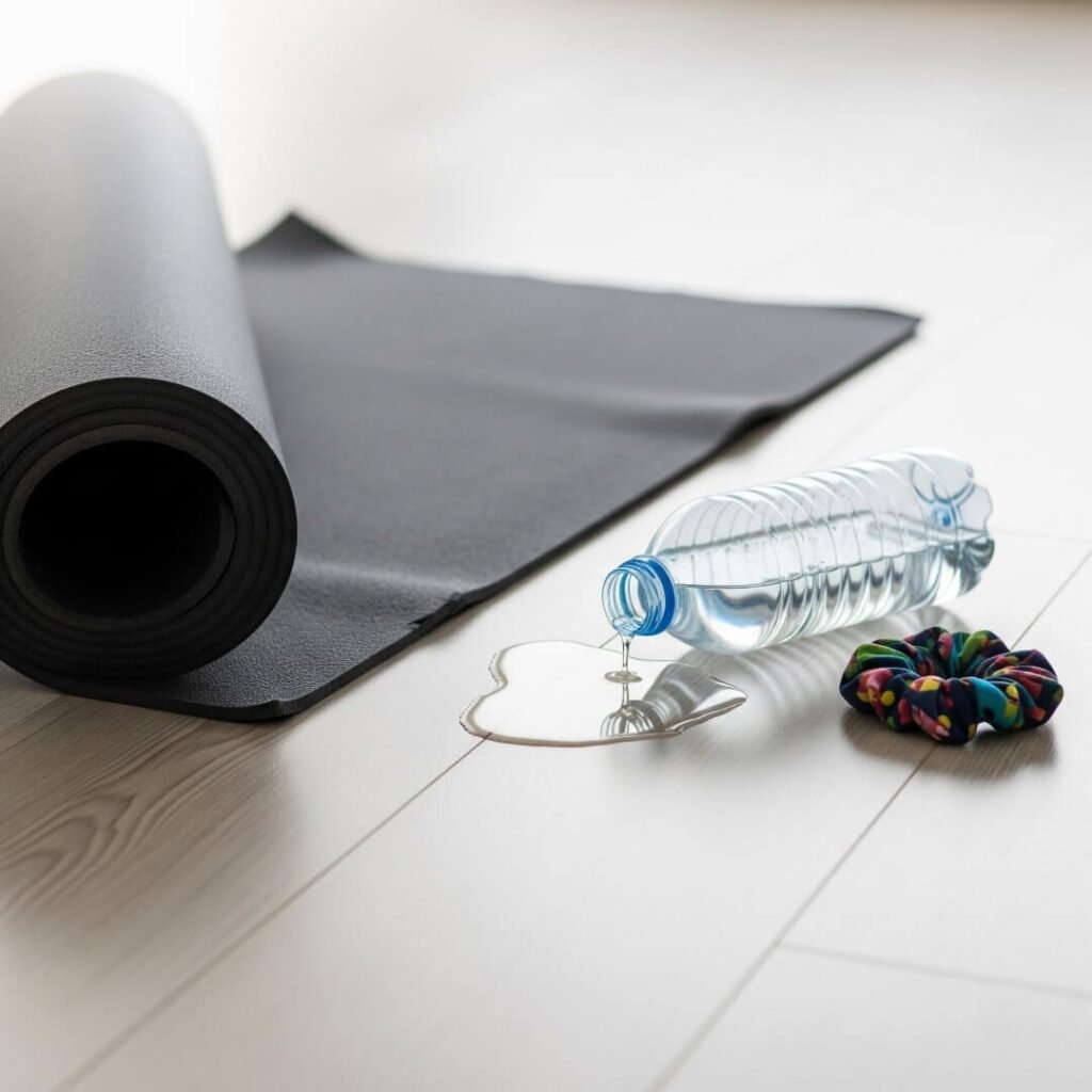 A partially unrolled black yoga mat, a spilled water bottle, and a colorful hair tie on a light wood floor.