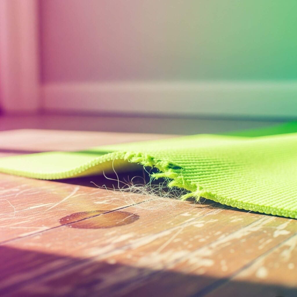 A close-up of a torn neon green yoga mat on a scratched wooden floor with a coffee stain and cat hair.