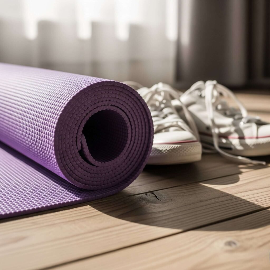 A close-up of a rolled-up yoga mat on a wooden floor, with a pair of sneakers tossed nearby and soft sunlight streaming in, evoking a post-class calm.