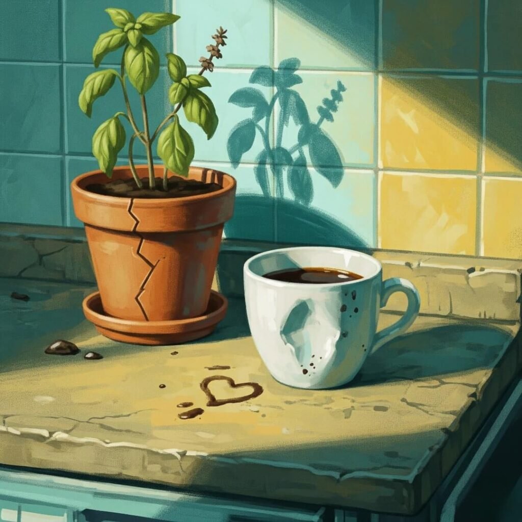 Impressionistic painting: a dented coffee cup and sad basil plant on a cluttered counter with a heart-shaped coffee stain.