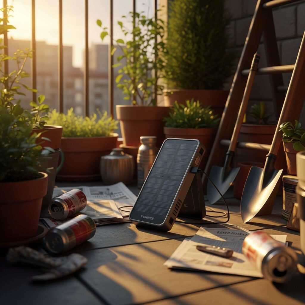 A portable solar charger sits on a messy balcony, bathed in golden hour light.