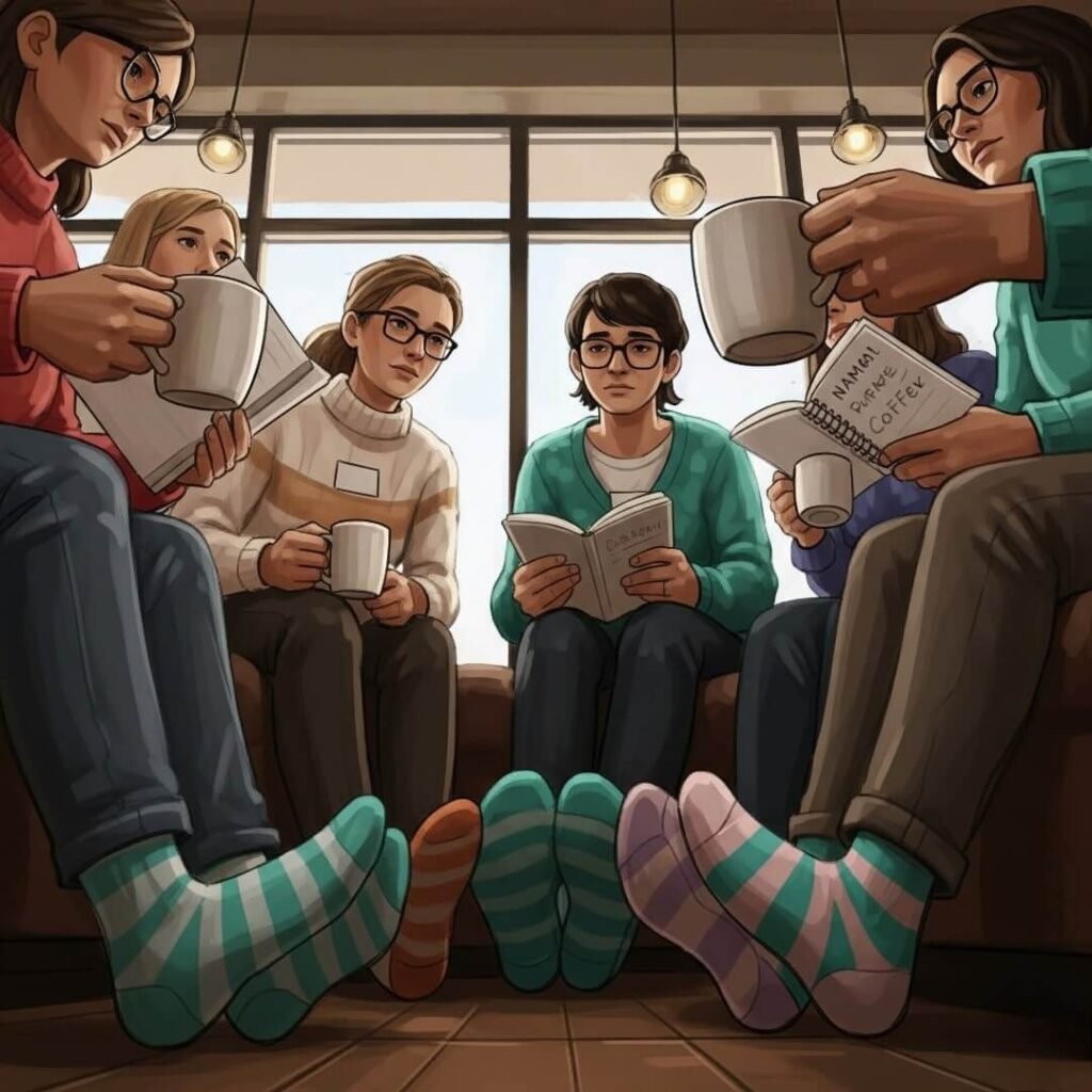An impressionistic painting from a low angle shows a support group's hands with mugs and notebooks, with mismatched socks visible.