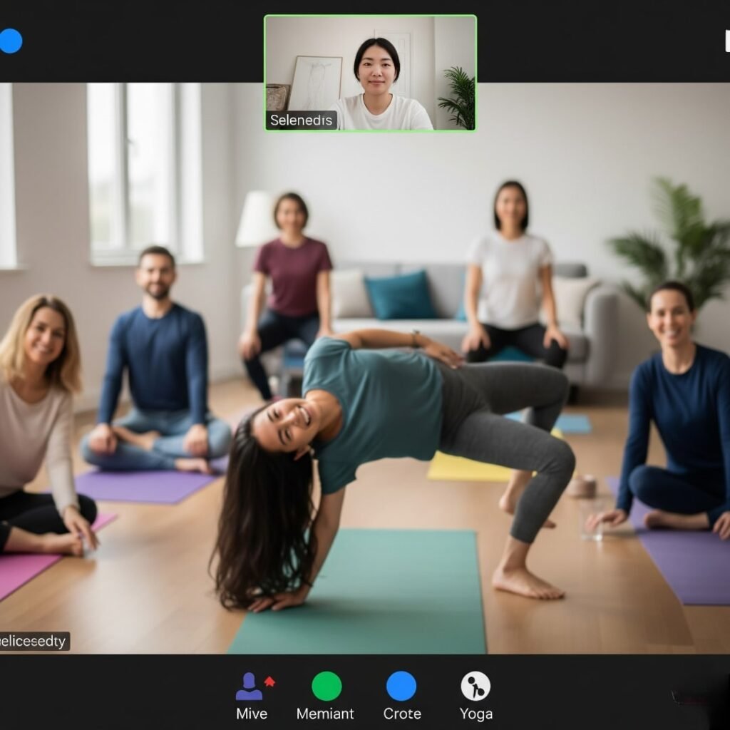 A blurry Zoom screenshot of coworkers doing virtual yoga, one person totally flopping over like a drunk giraffe.