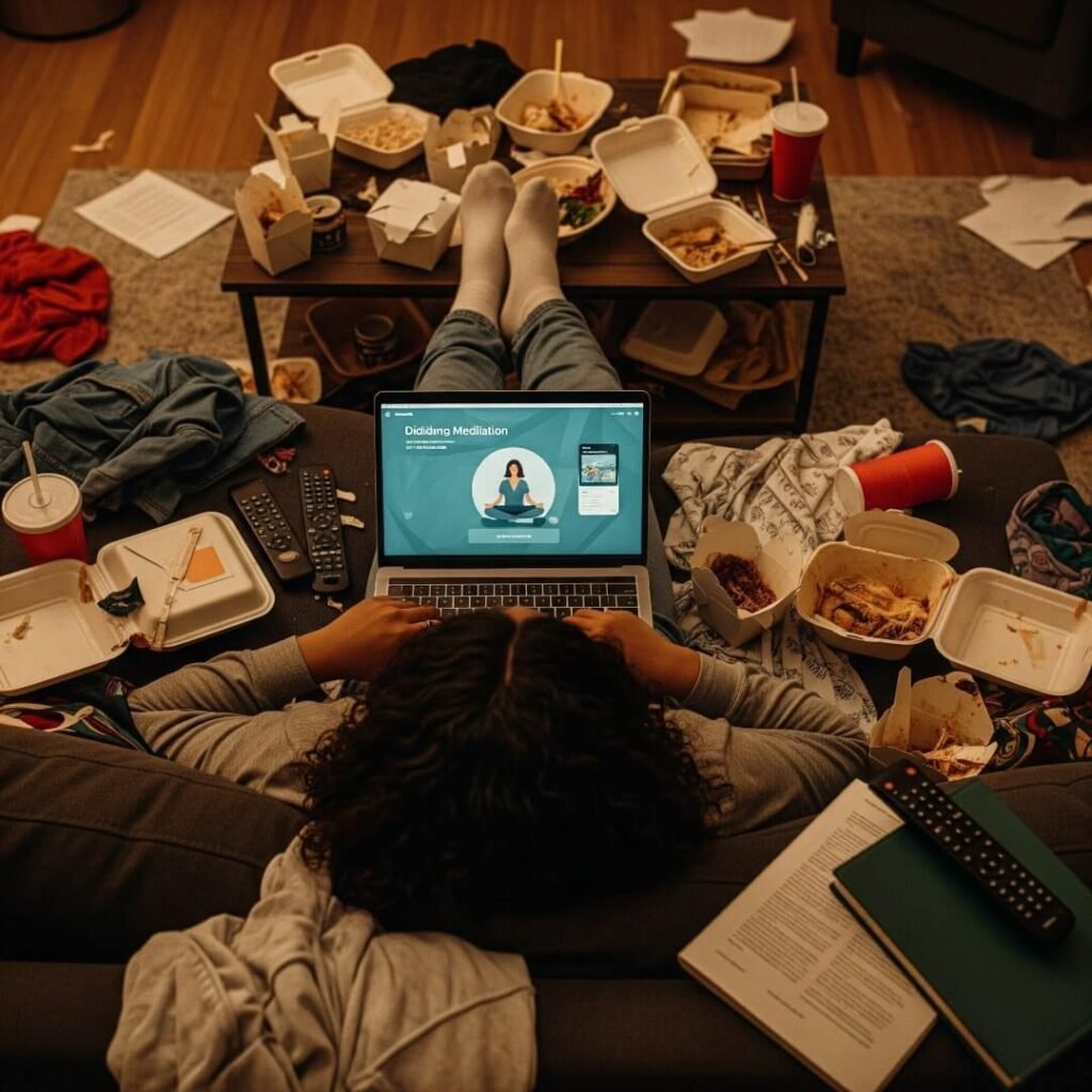 A person lies on a couch, surrounded by takeout, a laptop open to a meditation app.