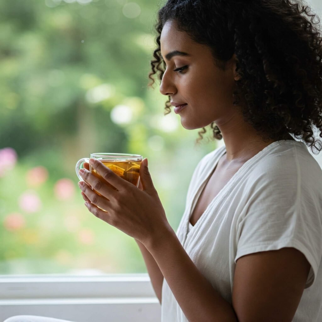 Woman enjoying a cup of tea, taking a moment for herself