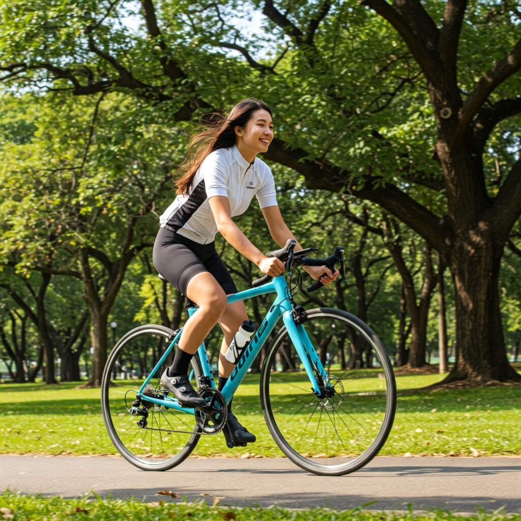 Cyclist riding through a green park under a clear blue sky