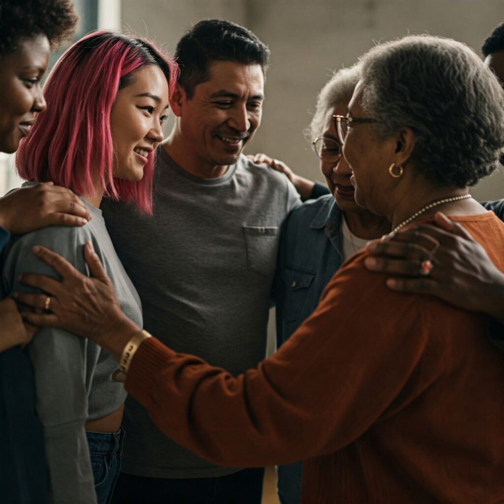 Diverse group supporting each other.