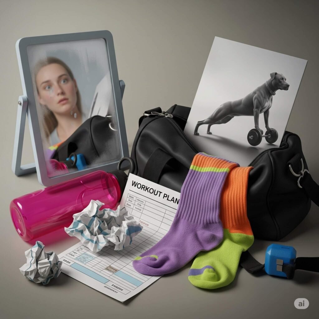A slightly blurred photorealistic scene of a gym bag spilling out with a neon pink water bottle and crumpled workout plan, a foggy mirror reflecting a nervous face, and a dog doing push-ups on a poster. Mismatched socks add quirk, with muted purples, oranges, and lime green for cautious optimism.