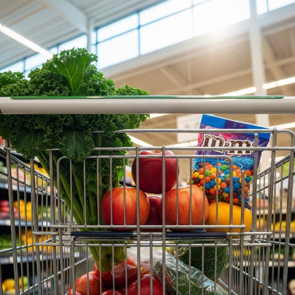 A grocery cart with kale, apples, and a bag of M&Ms.