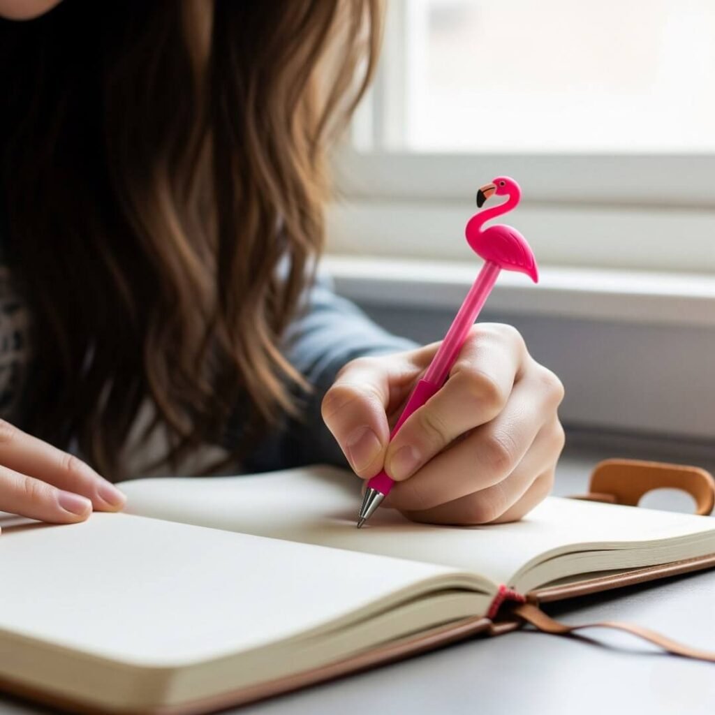 A hand writing in a journal with a goofy flamingo pen.