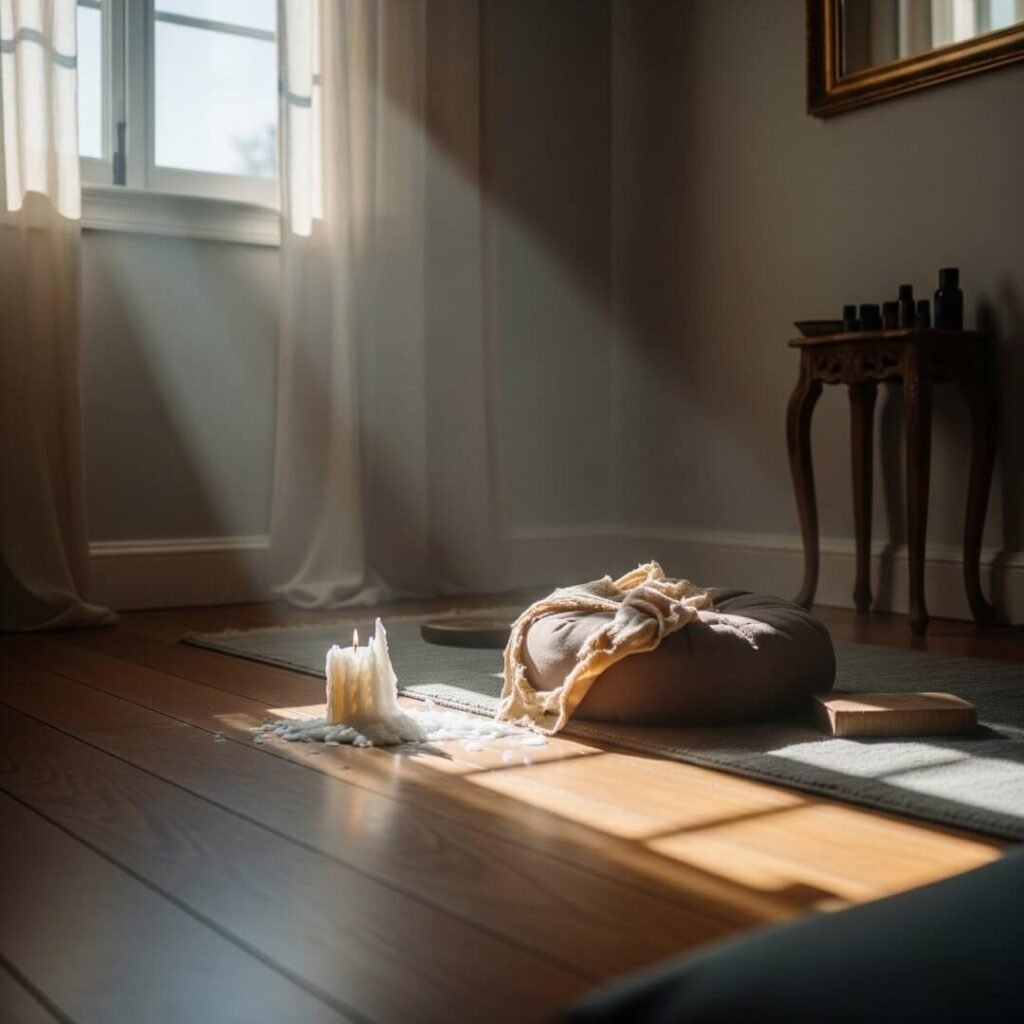 A messy meditation room with a toppled candle and a worn cushion.