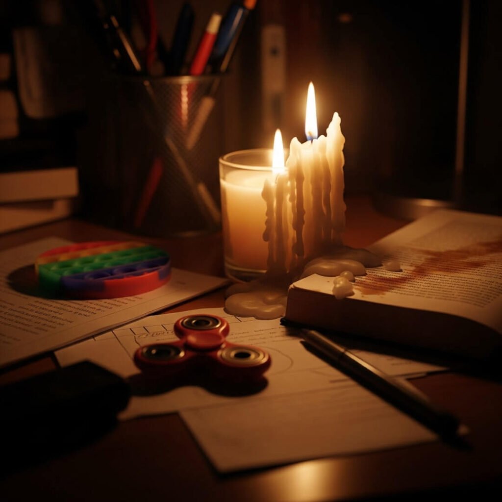 A close-up of a messy desk with a lit, half-melted candle, a coffee-stained book, and a fidget toy, with warm light and a dark, underexposed corner.