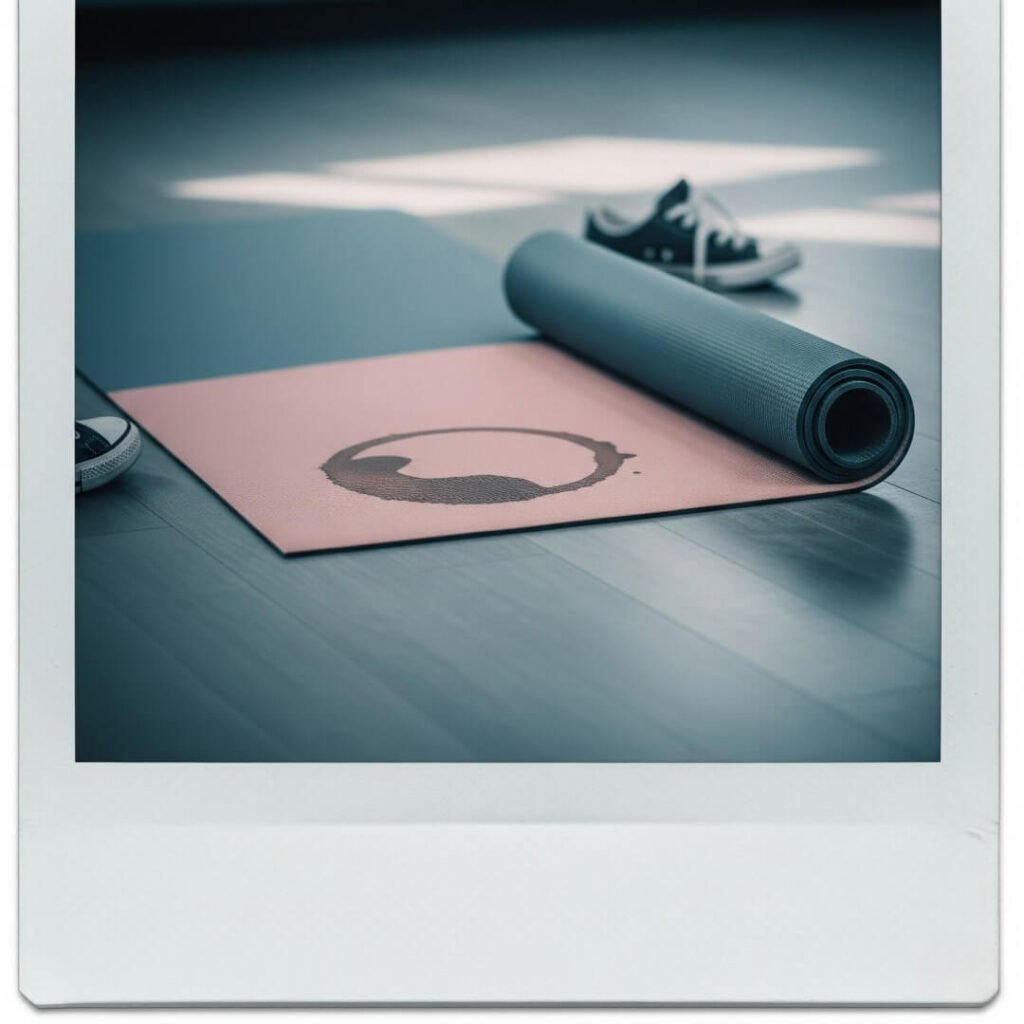 A vintage Polaroid of a yoga mat with a coffee stain, scuffed sneakers, in muted blues and dusty pinks.