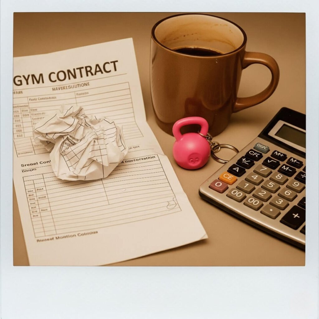 A vintage-inspired, grainy Polaroid-style image of a crumpled gym contract, coffee mug, and calculator, with a tiny kettlebell-shaped keychain as a quirky motif. Faded browns with hot pink create a bittersweet vibe.