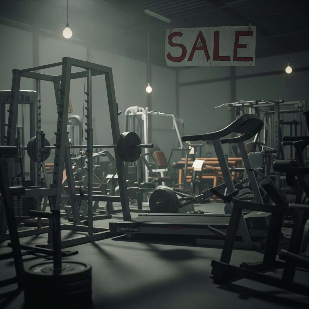 A gritty, documentary-style shot of a shady warehouse sale with a wobbly weight rack, a dented treadmill, and a crooked "SALE" sign under flickering lights.