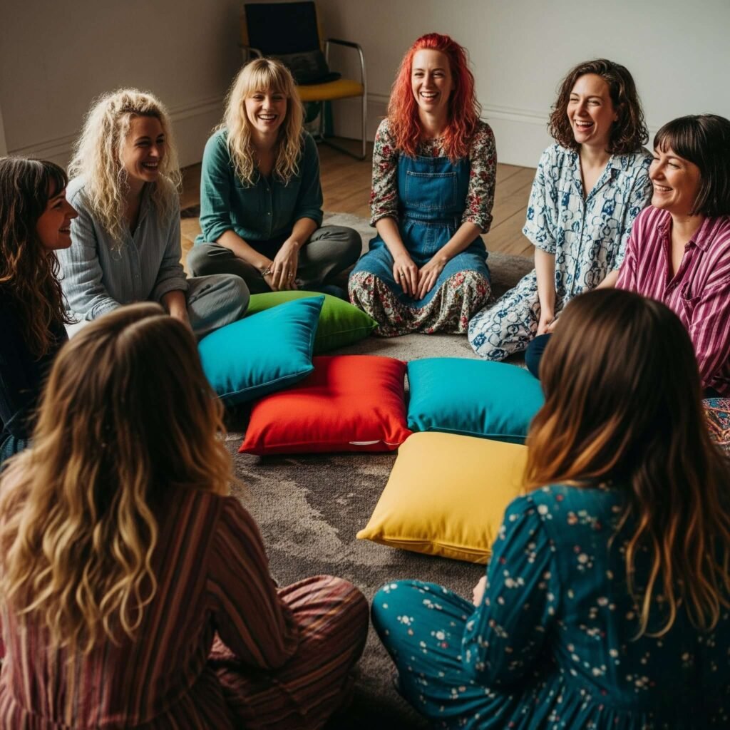 A candid shot of a circle of women laughing in a group session, with colorful cushions and a slightly messy vibe, shot from a low angle for intimacy.
