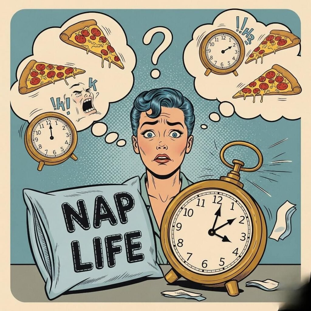A vintage illustration of a wide-awake person with thought bubbles of flying pizzas and yelling clocks.