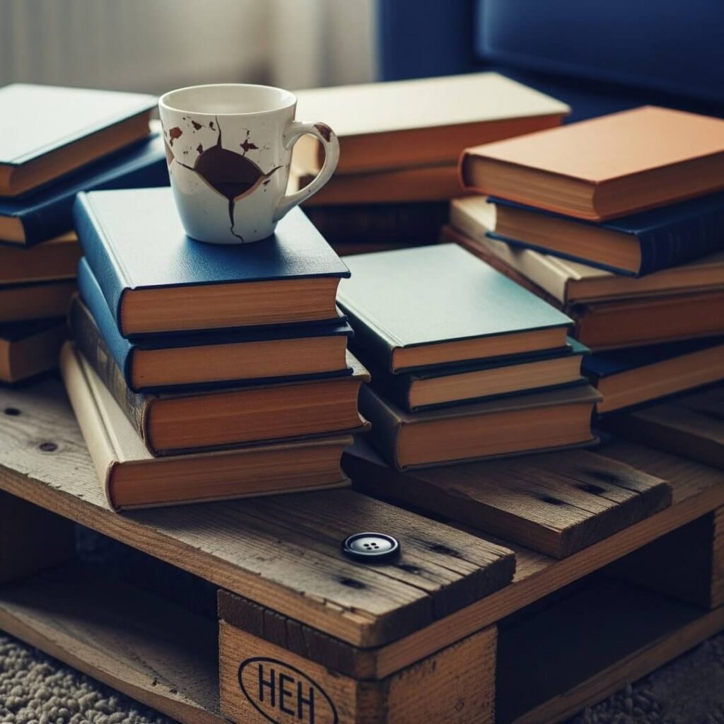 Vintage pallet coffee table with thrifted books, chipped mug, and a button.