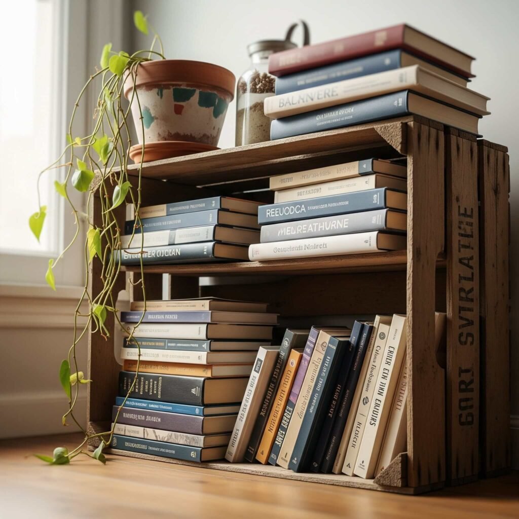 A blurry, low-angle shot of a wobbly crate shelf filled with books and a drooping plant.
