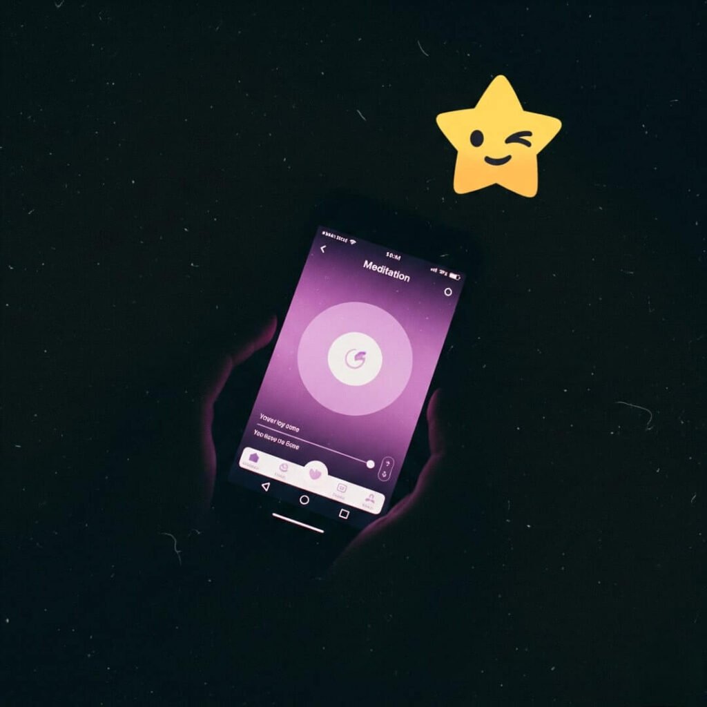 A grainy, vintage-inspired image shows a phone in a dark room displaying a meditation app with a winking cartoon star.