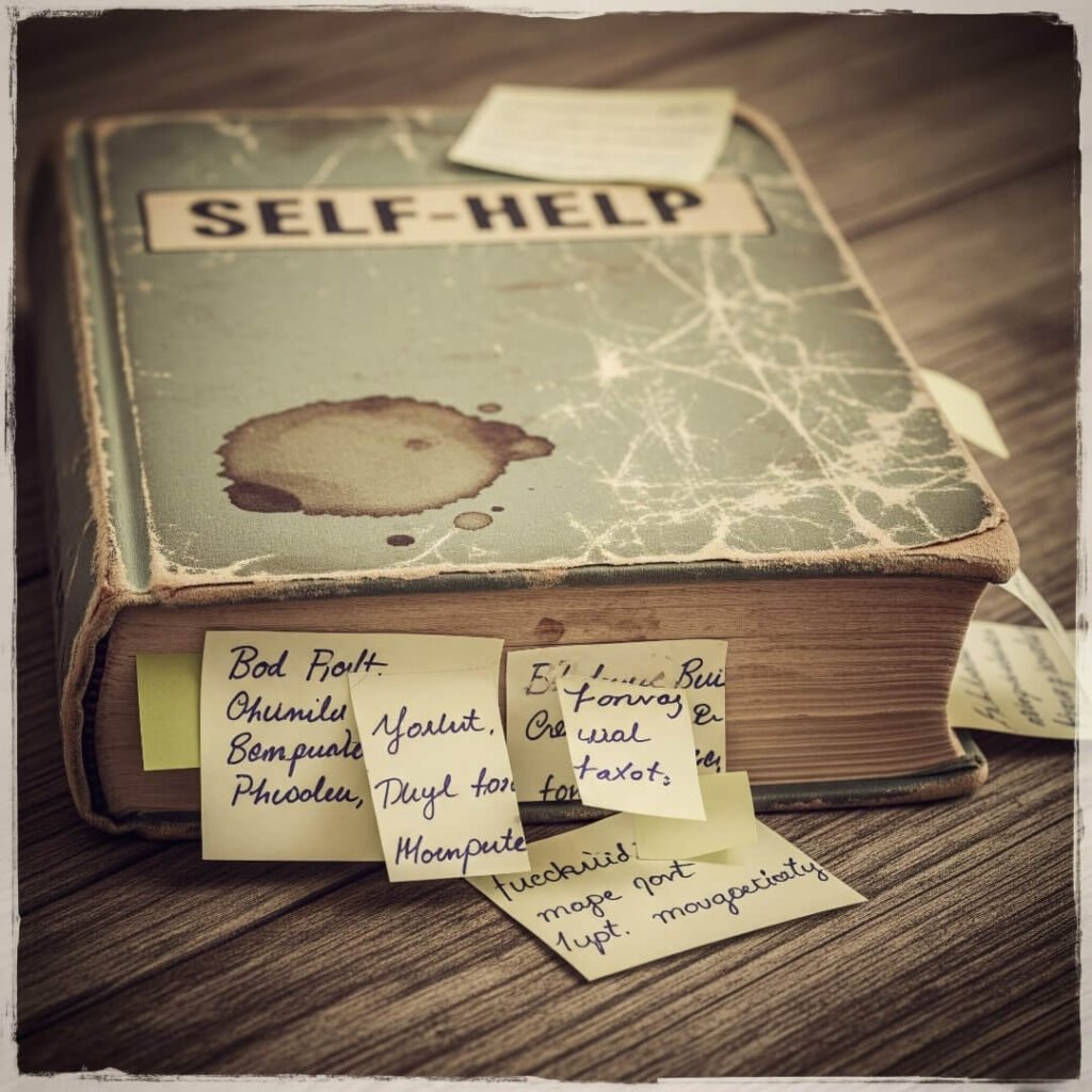 A beat-up self-help book, coffee-stained and overflowing with sticky notes.