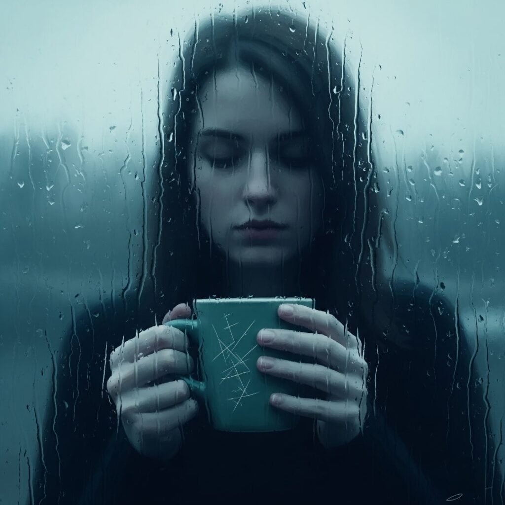 A person's blurry outline in a rain-streaked window, holding a scratched-up mug.