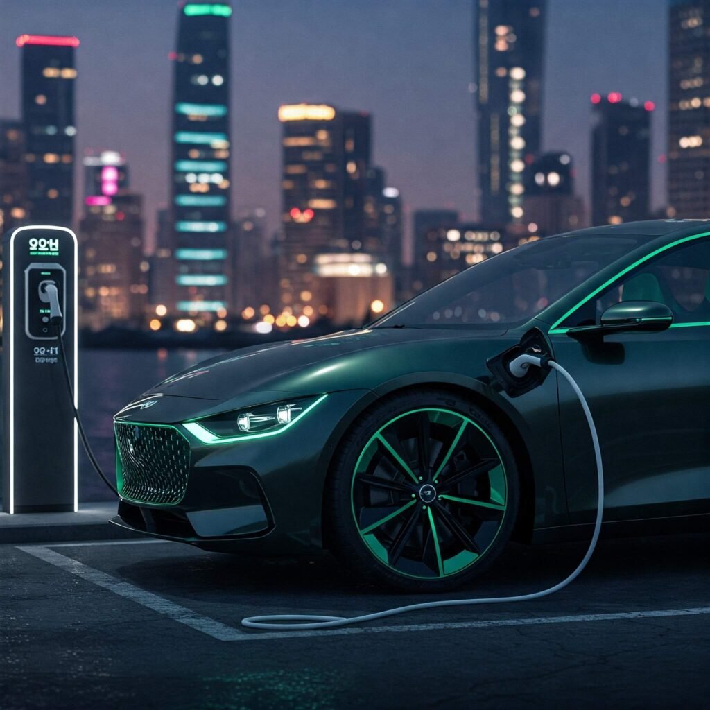 Futuristic electric car charging at a modern station