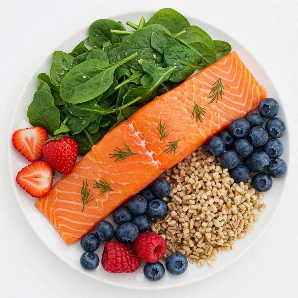Salmon Greens Berries Grains Flatlay