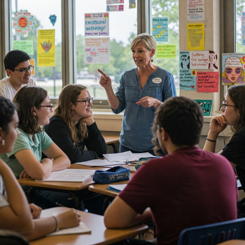 lassroom discussion on emotional well-being.