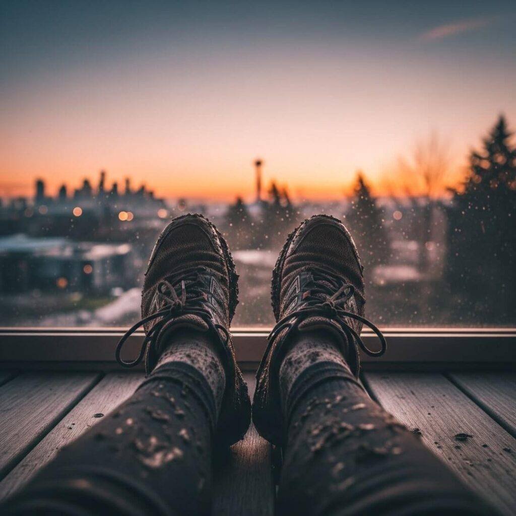 Muddy running shoes on a balcony with a faint sunrise and city skyline in the background.