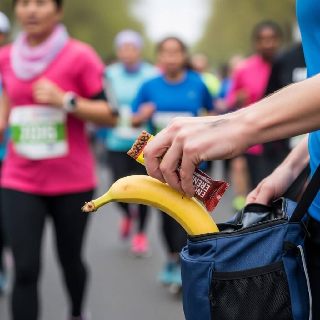 A runner's hand grabbing a banana and energy bar from a bag, with a blurry race in the background.