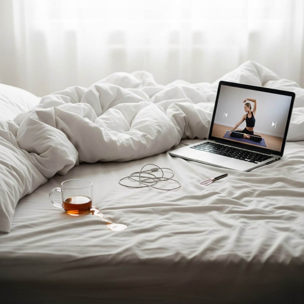 An unmade bed with a laptop, spilled tea, and a tangled phone charger.