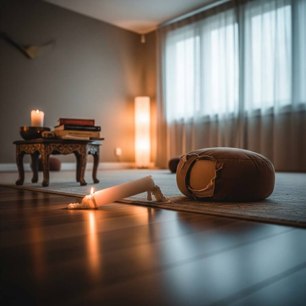 A meditation room with a toppled candle, a worn cushion, and a table with books.