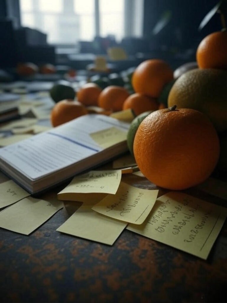 Alt text: Cluttered desk with sticky notes falling off, a dog-eared therapy workbook, and a half-broken pencil, captured in a gritty photorealistic style with bold oranges and greens.
