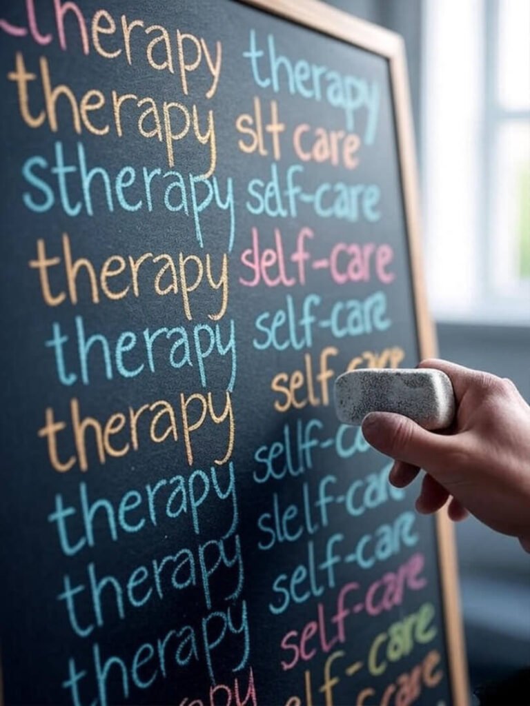 Alt text: A chalkboard with sloppy, colorful words like "therapy" and "self-care" half-erased, with a hand holding a dusty eraser.