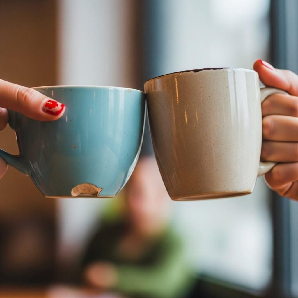 A tilted shot of two hands clinking mismatched mugs, one hand has chipped red nail polish.