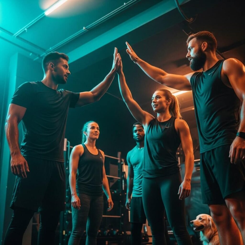 A low-angle, photorealistic shot of a sweaty HIIT group high-fiving, with neon teal and orange lighting, and a golden retriever in the corner.