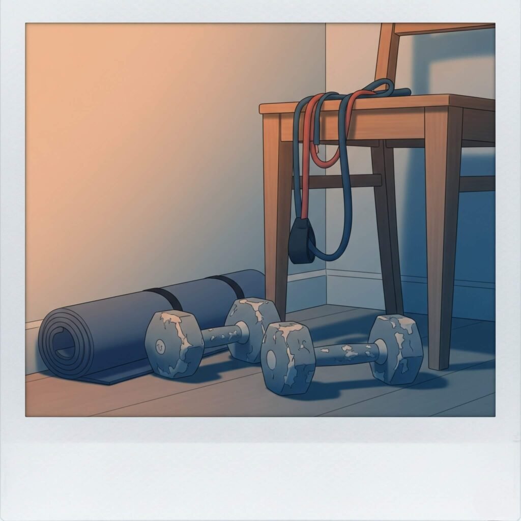 A vintage Polaroid-style image of a cramped home gym with a yoga mat, chipped dumbbells, and a resistance band on a chair, in soft orange and blue tones.