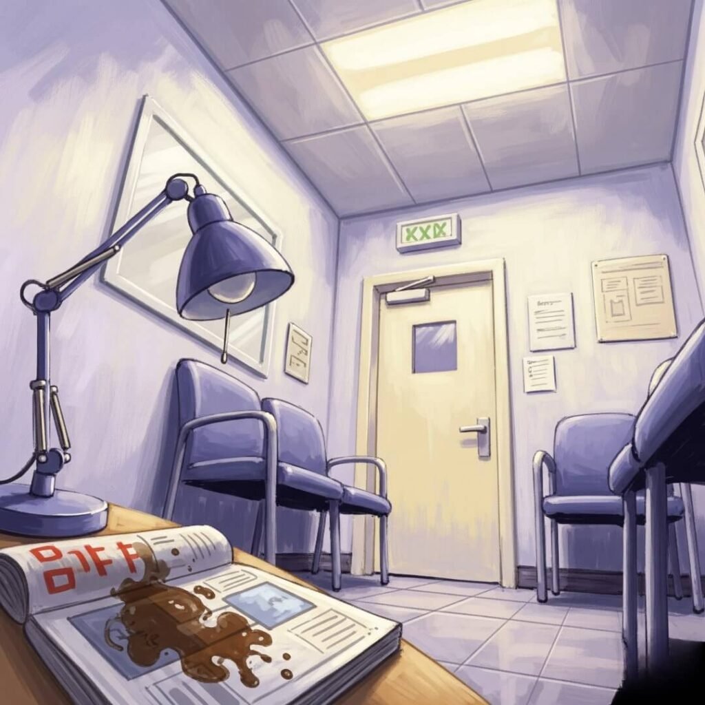 A low-angle view of a sleep clinic waiting room with a crooked lamp and a coffee-stained magazine.