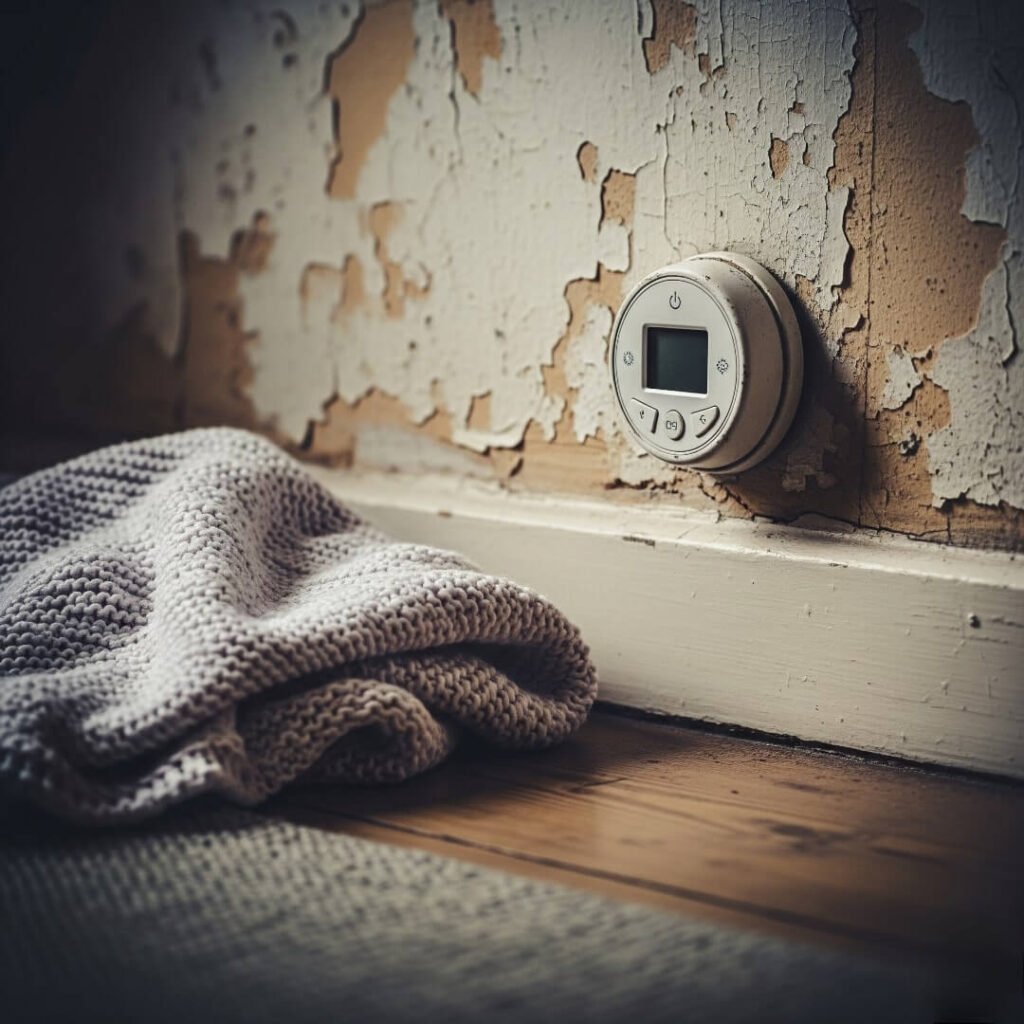 A vintage-inspired shot of a smart thermostat on a peeling wall, with a blanket resting nearby.